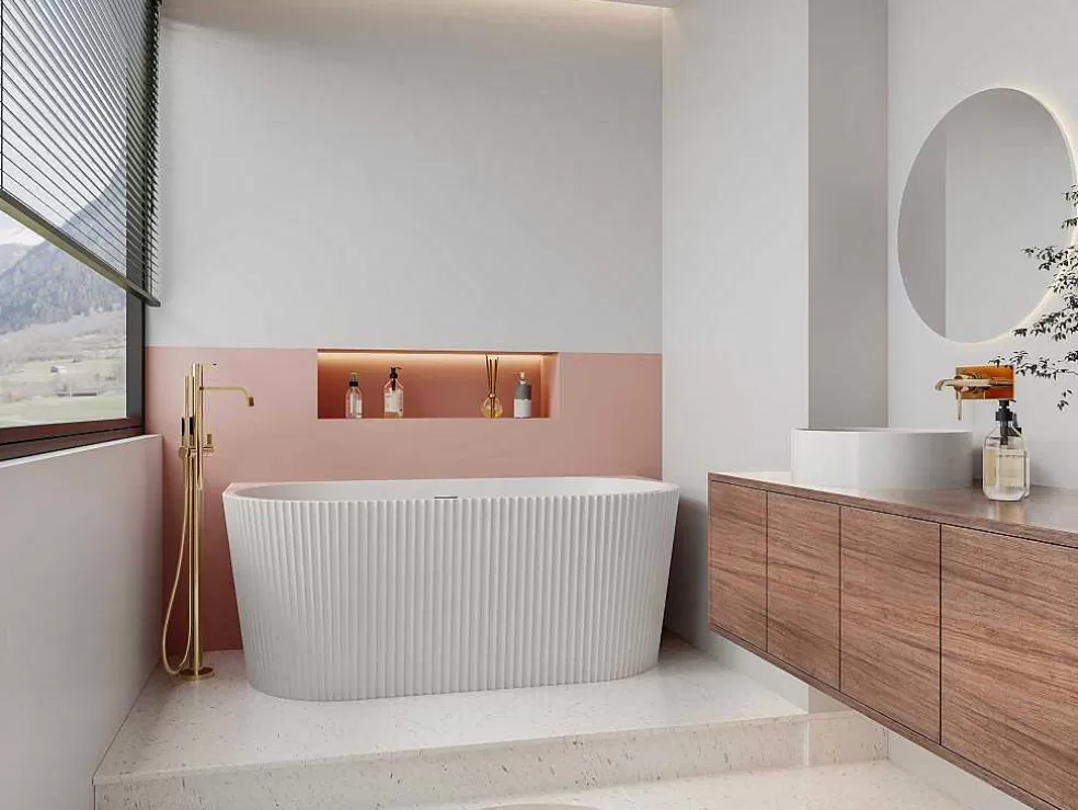 Shower & Design Banheira SemiClássica Estriada Em Acrilico Branco Brilhante 149 X 75 X 58 Cm - Zelina* Promoções Casa De Banho & Bem-Estar