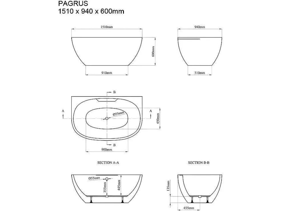 Shower & Design Banheira Semi-Clássica Oval De 197 L Dimensoes 151 X 94 X 60 Cm Cor Branco Em Acrilico - Pagrus* Banheira De Pousar E Encostar