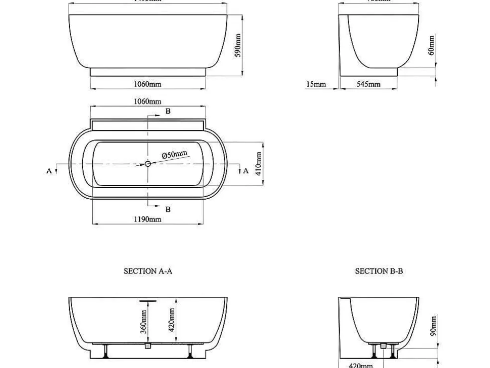Shower & Design Banheira Semi-Clássica Oval De 240 L, Dimensoes 150 X 76 X 58 Cm Cor Branco Em Acrilico - Vogler* Banheira De Pousar E Encostar