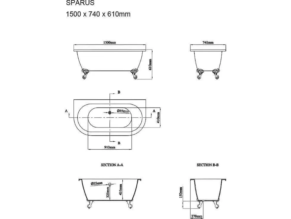 Shower & Design Banheira Semi-Clássica Retro Com Pés De 154 L Dimensoes 150 X 74 X 61 Cm Cor Branco Em Acrilico - Sparus* Banheira De Pousar E Encostar