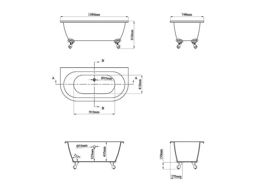 Shower & Design Banheira SemiClássica Retro Com Pés Estilo Pata De Agua, Azul Brilhante, 154 L, 150 X 74 X 61 Cm - Bolisa* Banheira De Pousar E Encostar