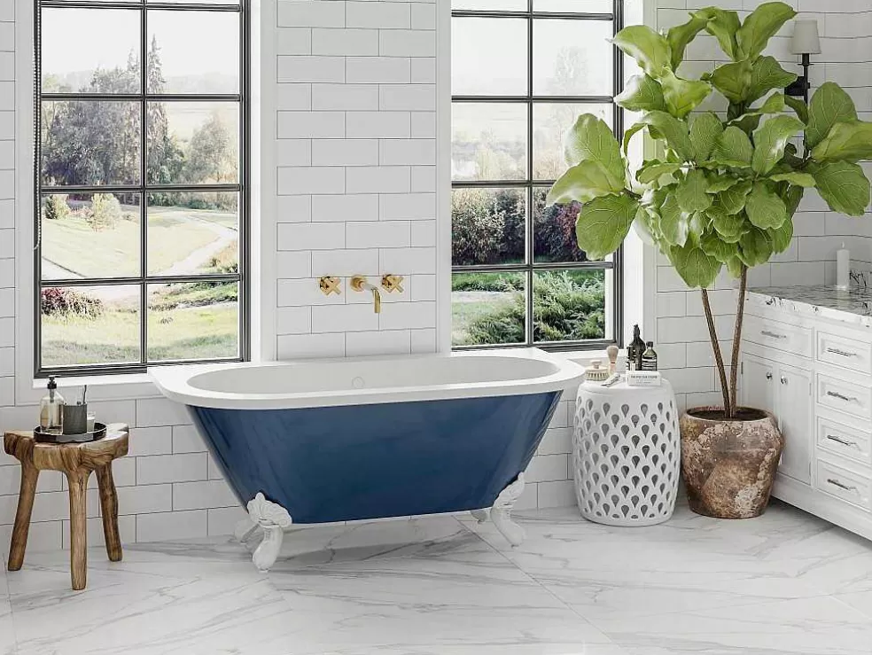 Shower & Design Banheira SemiClássica Retro Com Pés Estilo Pata De Agua, Azul Brilhante, 154 L, 150 X 74 X 61 Cm - Bolisa* Banheira De Pousar E Encostar