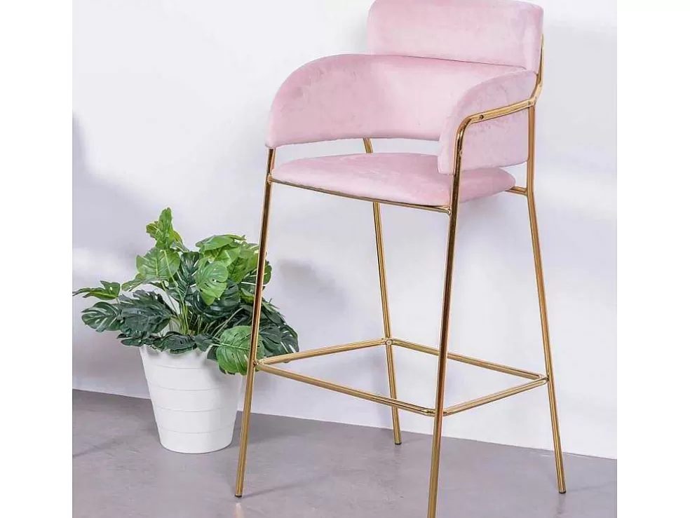 Vente-unique Banqueta De Design Estofada Em Veludo E Pernas Douradas - Cruiser - Rosa* Bancos De Bar