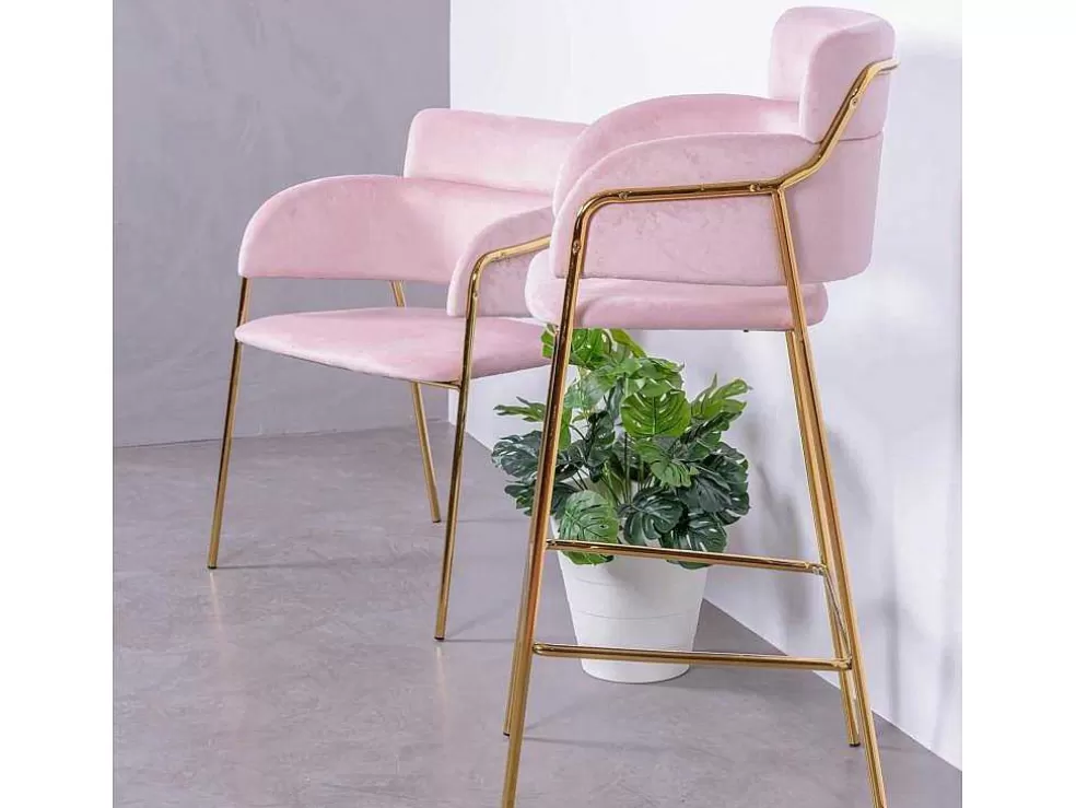 Vente-unique Banqueta De Design Estofada Em Veludo E Pernas Douradas - Cruiser - Rosa* Bancos De Bar