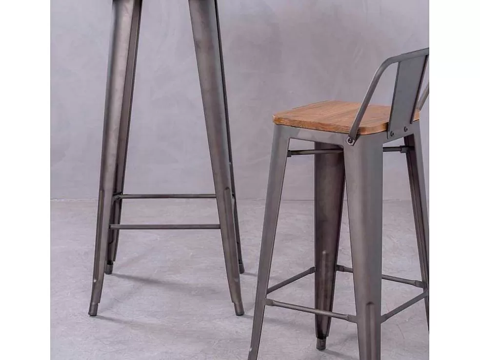 Vente-unique Banqueta Industrial Em Aco Envelhecido Com Encosto Baixo E Assento Em Madeira - Bistro - Antiguidade* Bancos De Bar