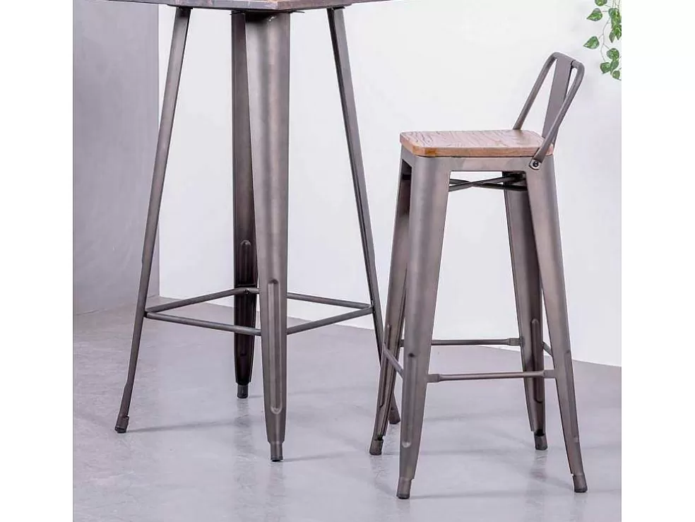 Vente-unique Banqueta Industrial Em Aco Envelhecido Com Encosto Baixo E Assento Em Madeira - Bistro - Antiguidade* Bancos De Bar