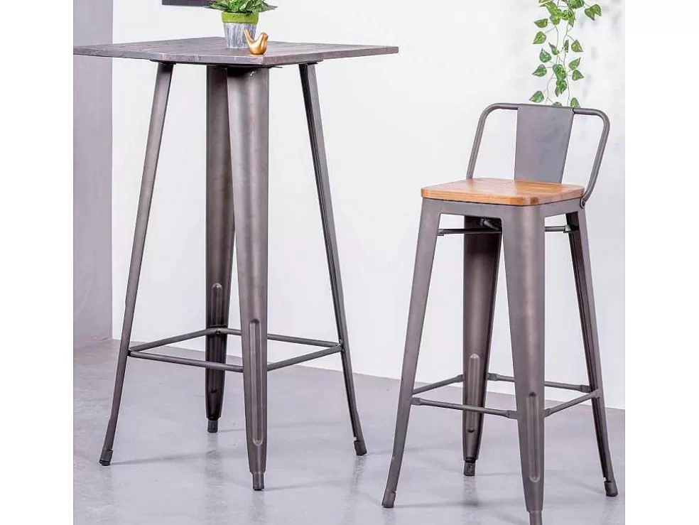 Vente-unique Banqueta Industrial Em Aco Envelhecido Com Encosto Baixo E Assento Em Madeira - Bistro - Antiguidade* Bancos De Bar