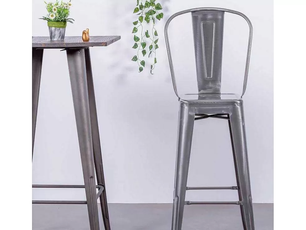 Vente-unique Banqueta Industrial Em Aco Metalizado Com Encosto Alto (76Cm) - Bistro - Metal* Bancos De Bar