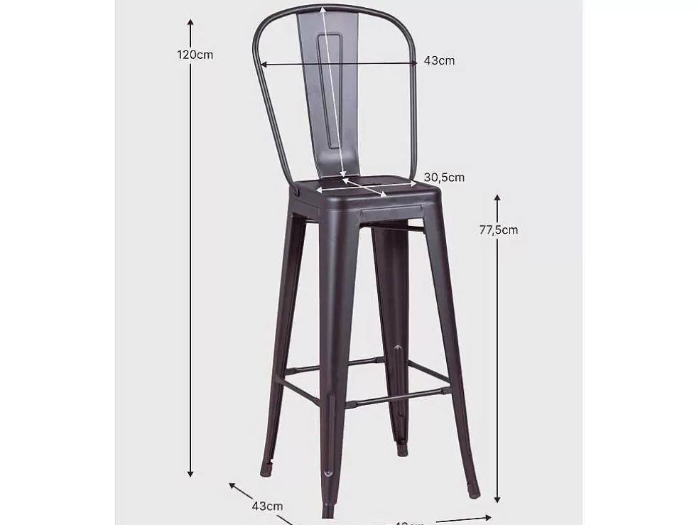 Vente-unique Banqueta Industrial Em Aco Metalizado Com Encosto Alto (76Cm) - Bistro - Metal* Bancos De Bar
