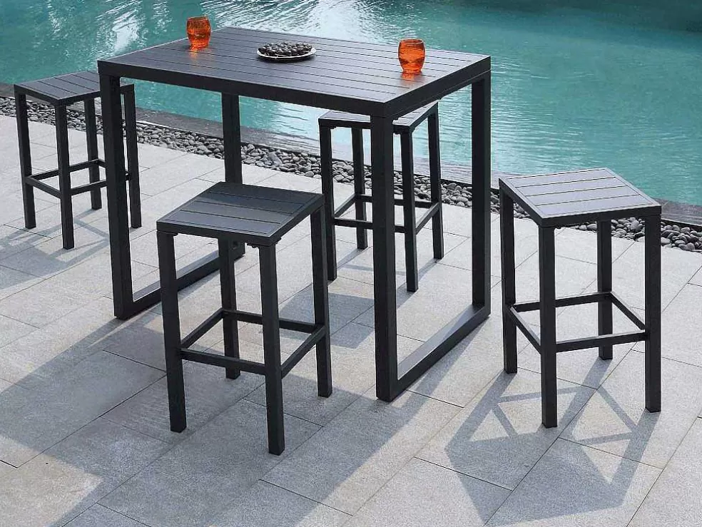 MYLIA Bar De Jardim E 4 Bancos Altos Em Aluminio - Cinza Escuro - Walpole De * Bar De Jardim