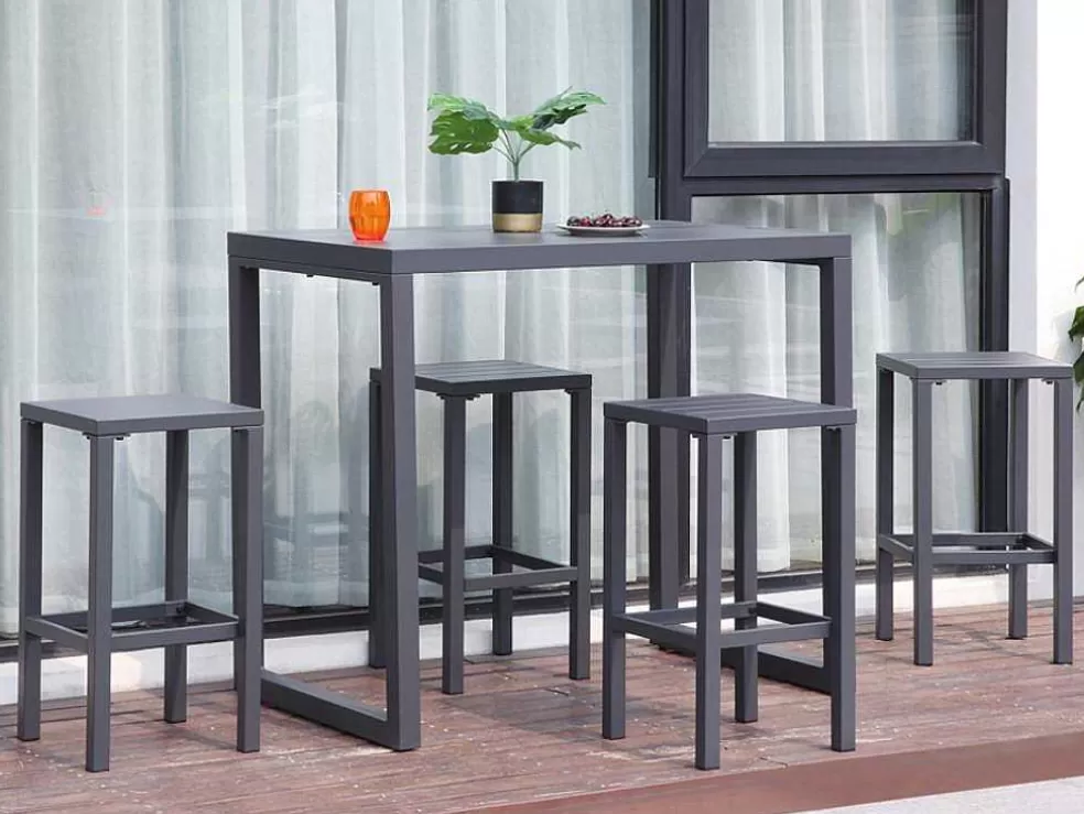 MYLIA Bar De Jardim E 4 Bancos Altos Em Aluminio - Cinza Escuro - Walpole De * Bar De Jardim