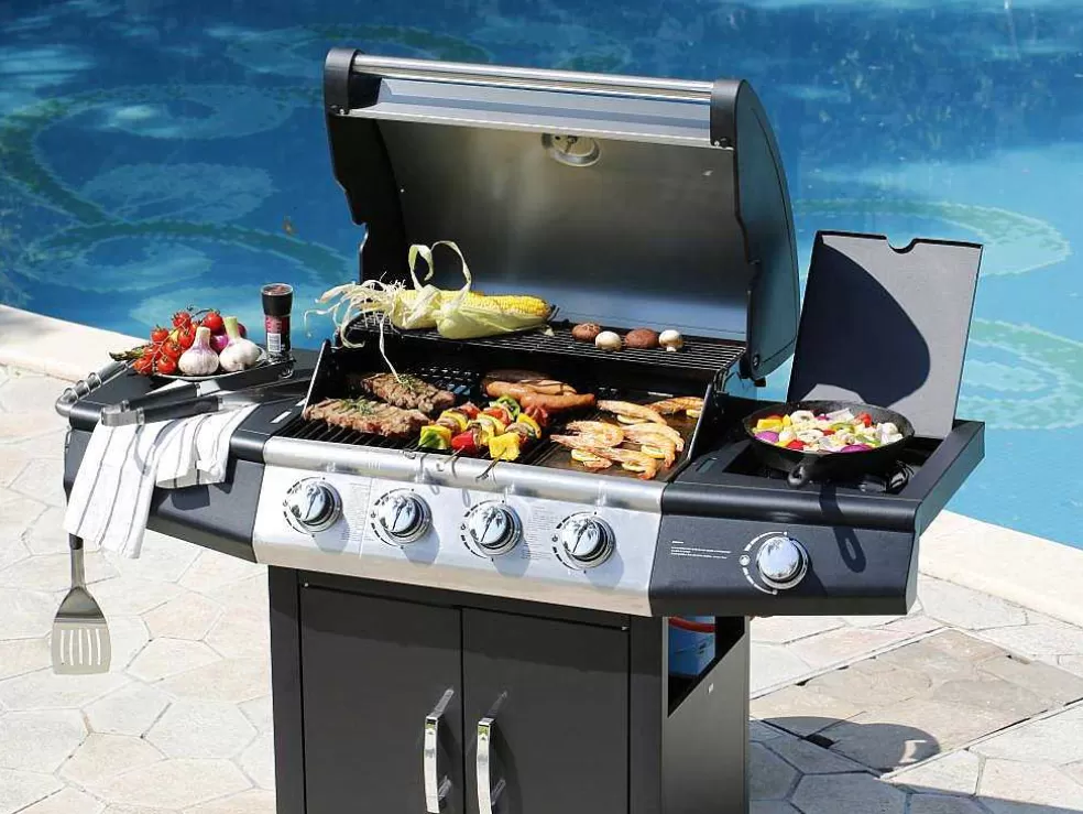 Vente-unique Barbecue A Gas Com 4 Bicos E 1 Fogao Lateral 143X54X115 Cm - Smoky* Barbecue, Braseiro De Jardim, Plancha