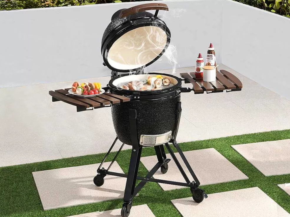 Vente-unique Barbecue Kamado A Carvao Em Ceramica E Bambu 45 X 63 X 105 Cm - Izaki* Barbecue, Braseiro De Jardim, Plancha
