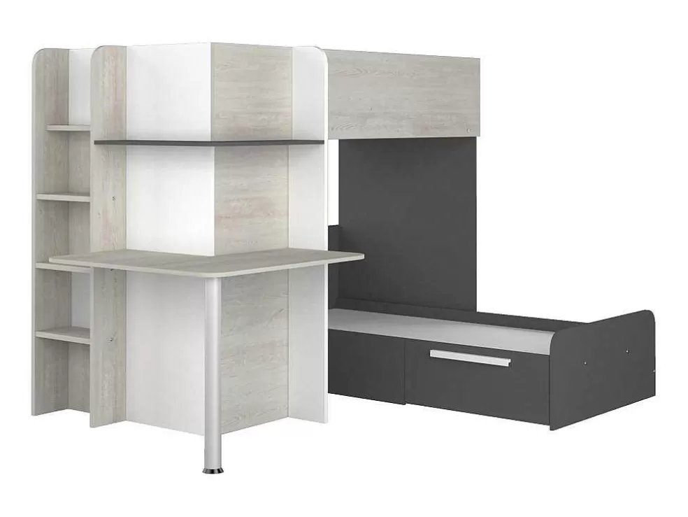 Vente-unique Beliche 2 X 90 X 190 Cm Com Secretária Cinza, Branco E Preto - Samuel* Cama De Criança