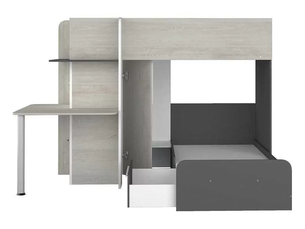 Vente-unique Beliche 2 X 90 X 190 Cm Com Secretária Cinza, Branco E Preto - Samuel* Cama De Criança