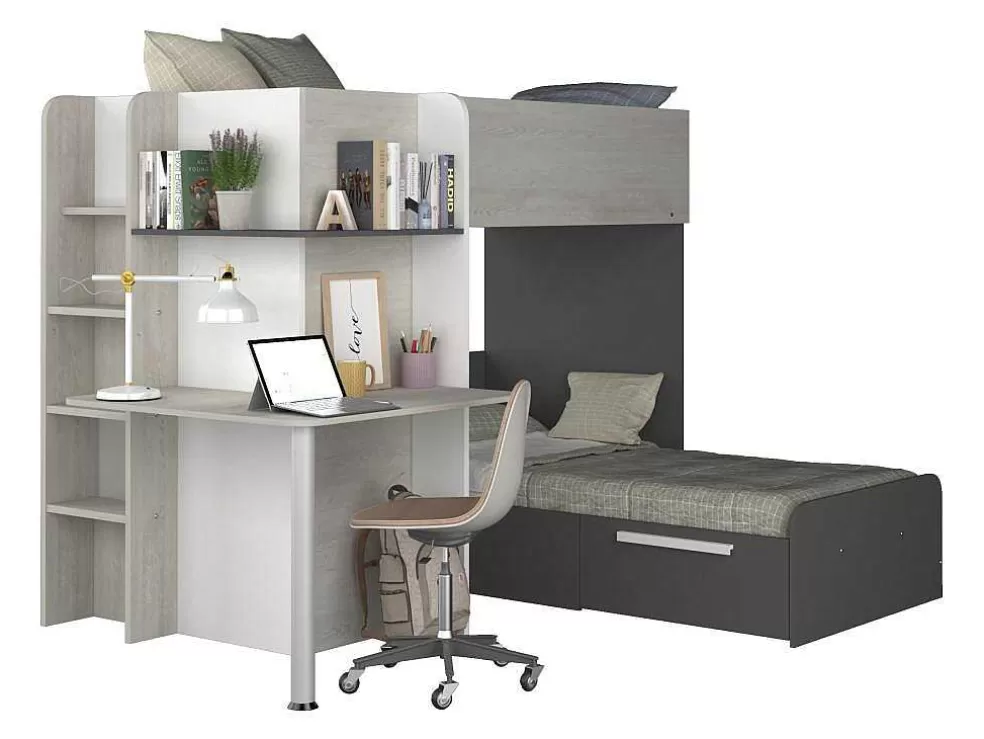 Vente-unique Beliche 2 X 90 X 190 Cm Com Secretária Cinzento, Branco E Preto + Colchão - Samuel* Beliche
