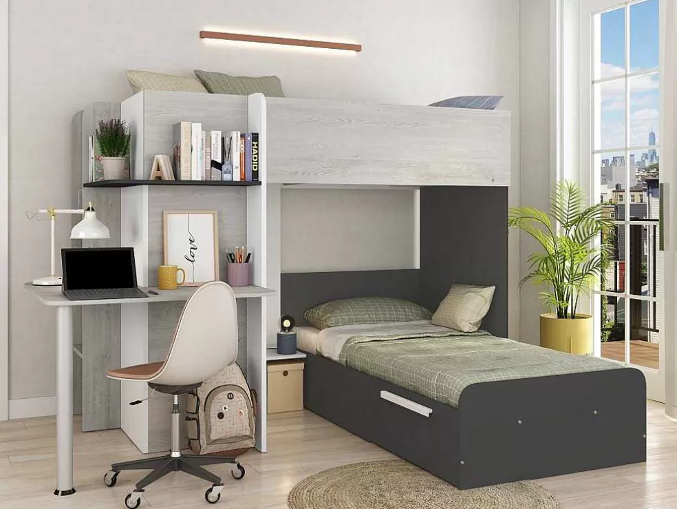 Vente-unique Beliche 2 X 90 X 190 Cm Com Secretária Cinzento, Branco E Preto + Colchão - Samuel* Beliche