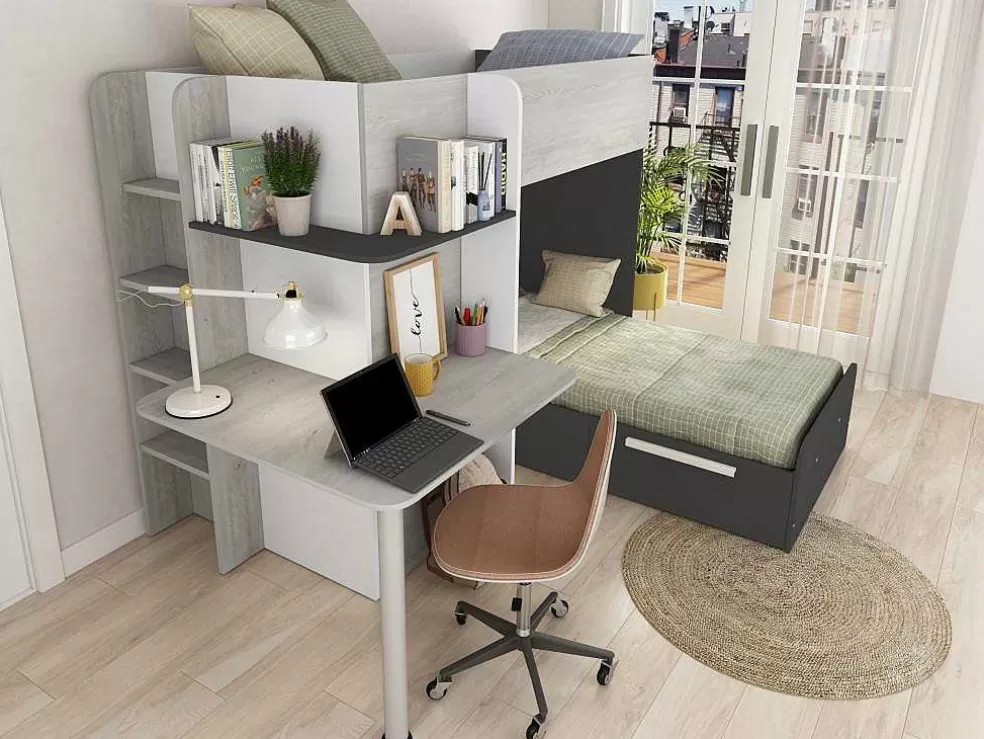Vente-unique Beliche 2 X 90 X 190 Cm Com Secretária Cinzento, Branco E Preto + Colchão - Samuel* Beliche