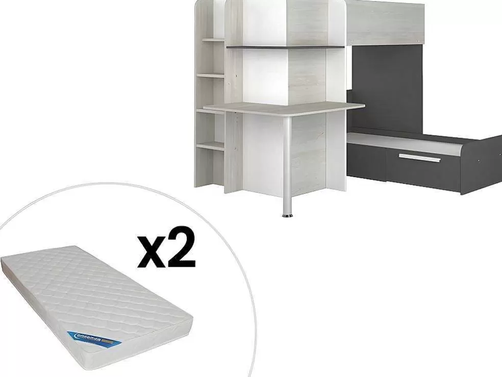 Vente-unique Beliche 2 X 90 X 190 Cm Com Secretária Cinzento, Branco E Preto + Colchão - Samuel* Beliche