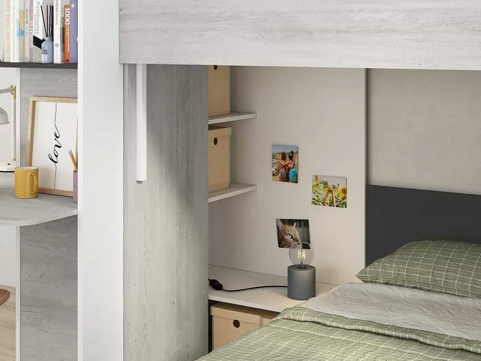Vente-unique Beliche 2 X 90 X 190 Cm Com Secretária Cinzento, Branco E Preto + Colchão - Samuel* Beliche