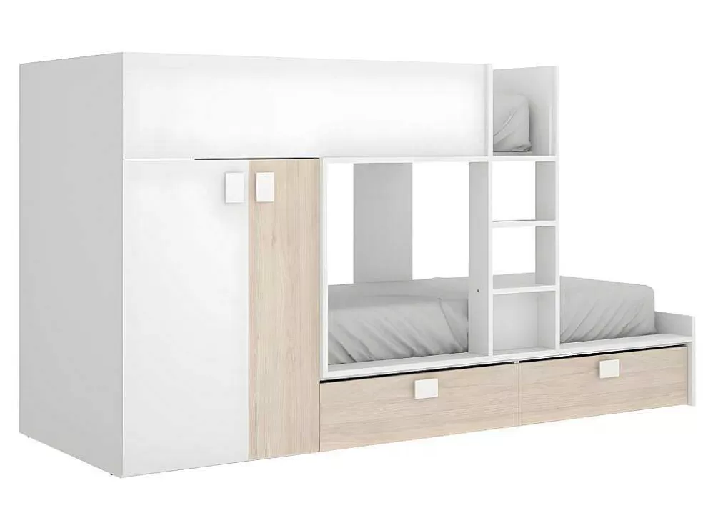 Vente-unique Beliche Com Armário Integrado De 2 X 90 X 190 Cm Cor Branco E Natural + Colchão - Juanito* Beliche