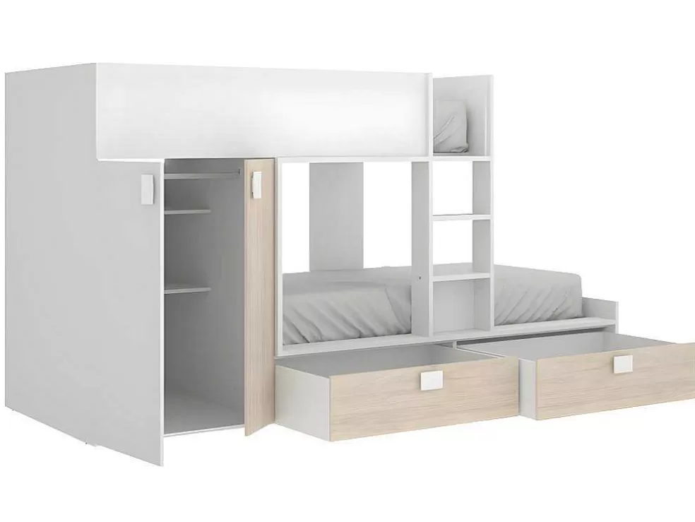 Vente-unique Beliche Com Armário Integrado De 2 X 90 X 190 Cm Cor Branco E Natural + Colchão - Juanito* Beliche