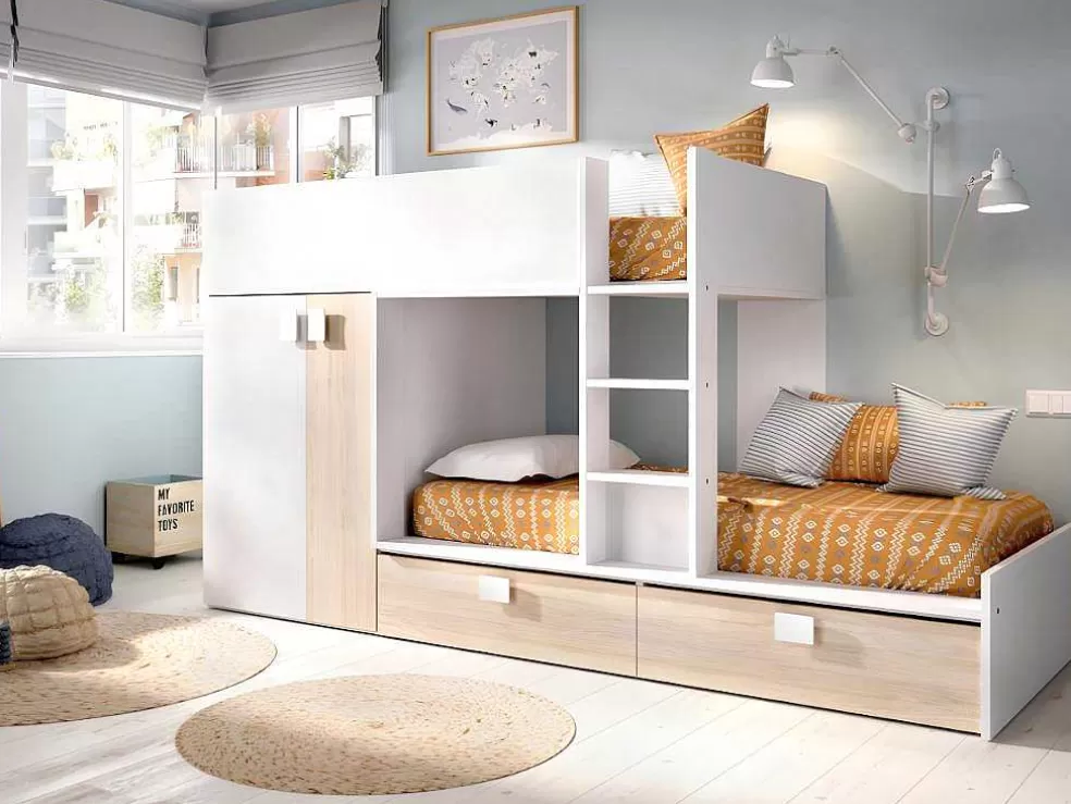 Vente-unique Beliche Com Armário Integrado De 2 X 90 X 190 Cm Cor Branco E Natural + Colchão - Juanito* Beliche