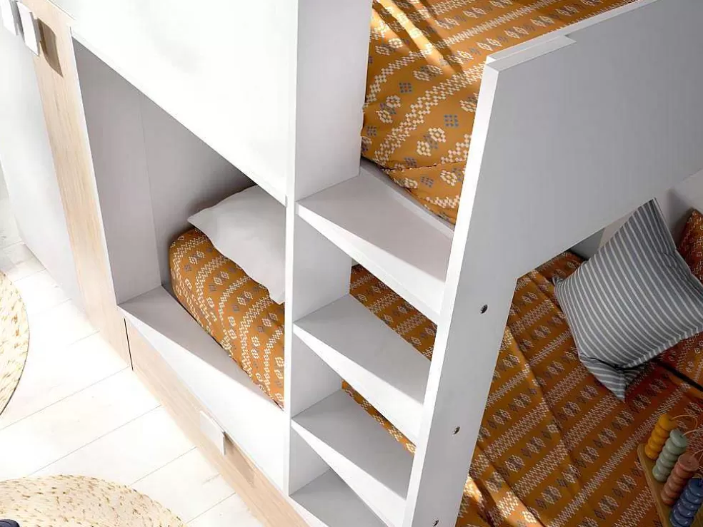 Vente-unique Beliche Com Armário Integrado De 2 X 90 X 190 Cm Cor Branco E Natural + Colchão - Juanito* Beliche