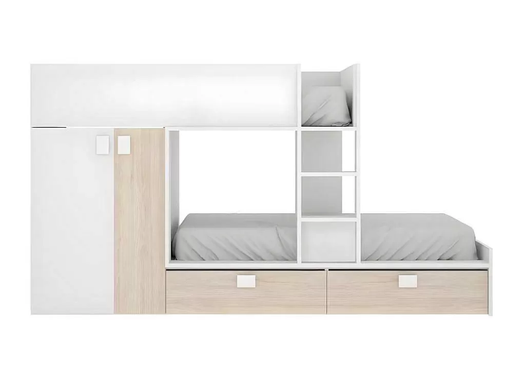 Vente-unique Beliche Com Armário Integrado De 2 X 90 X 190 Cm Cor Branco E Natural + Colchão - Juanito* Beliche