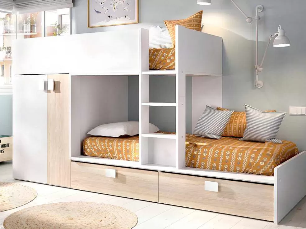 Vente-unique Beliche Com Armário Integrado De 2 X 90 X 190 Cm Cor Branco E Natural + Colchão - Juanito* Beliche