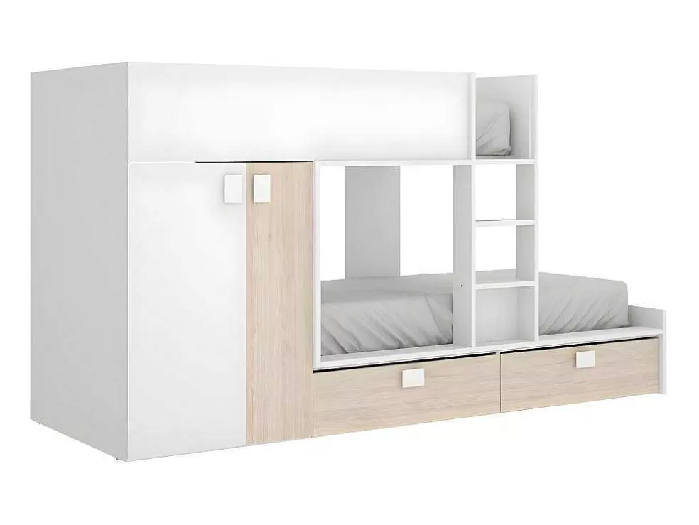 Vente-unique Beliche Com Armário Integrado De 2 X 90 X 190 Cm Cor Branco E Natural - Juanito* Cama De Criança