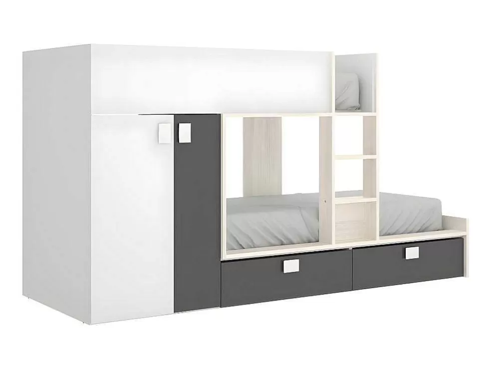 Vente-unique Beliche Com Armário Integrado De 2 X 90 X 190 Cm Cor Branco, Natural E Antracite - Juanito* Beliche