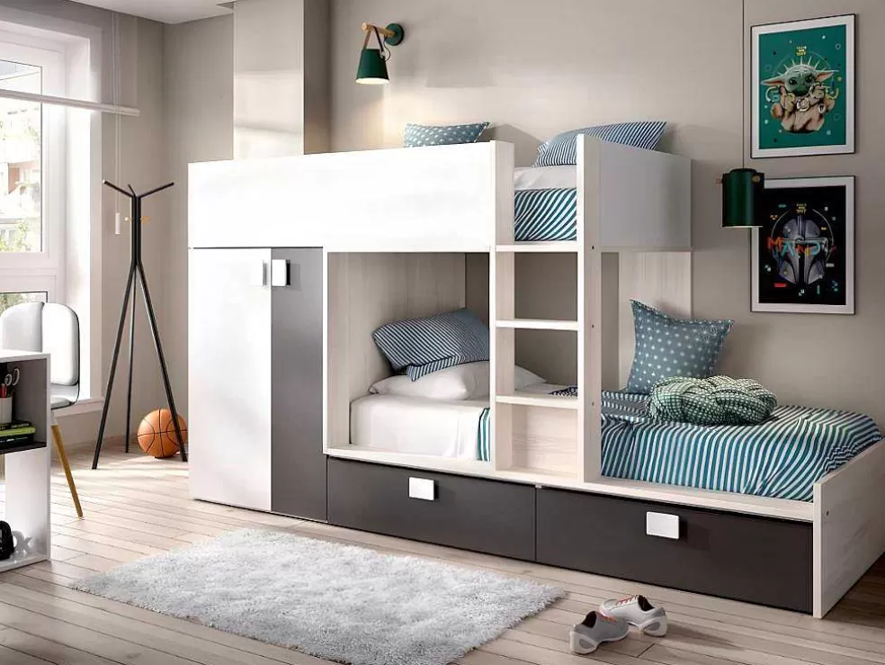 Vente-unique Beliche Com Armário Integrado De 2 X 90 X 190 Cm Cor Branco, Natural E Antracite - Juanito* Beliche