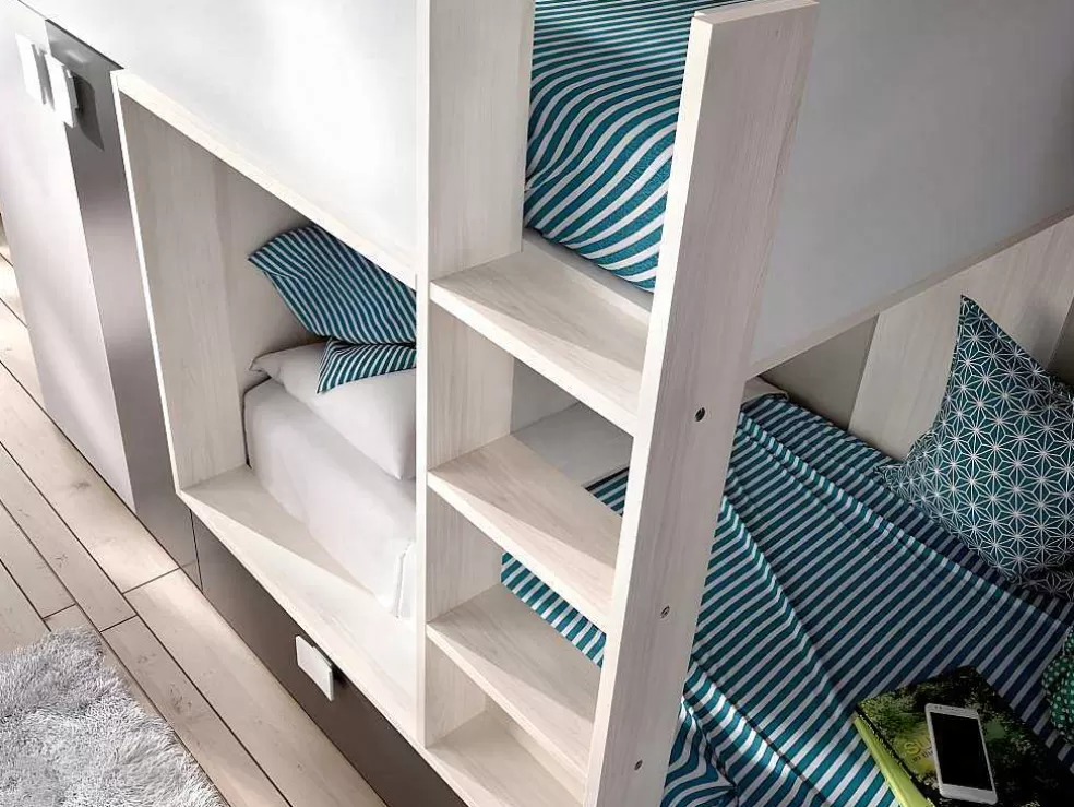 Vente-unique Beliche Com Armário Integrado De 2 X 90 X 190 Cm Cor Branco, Natural E Antracite - Juanito* Beliche