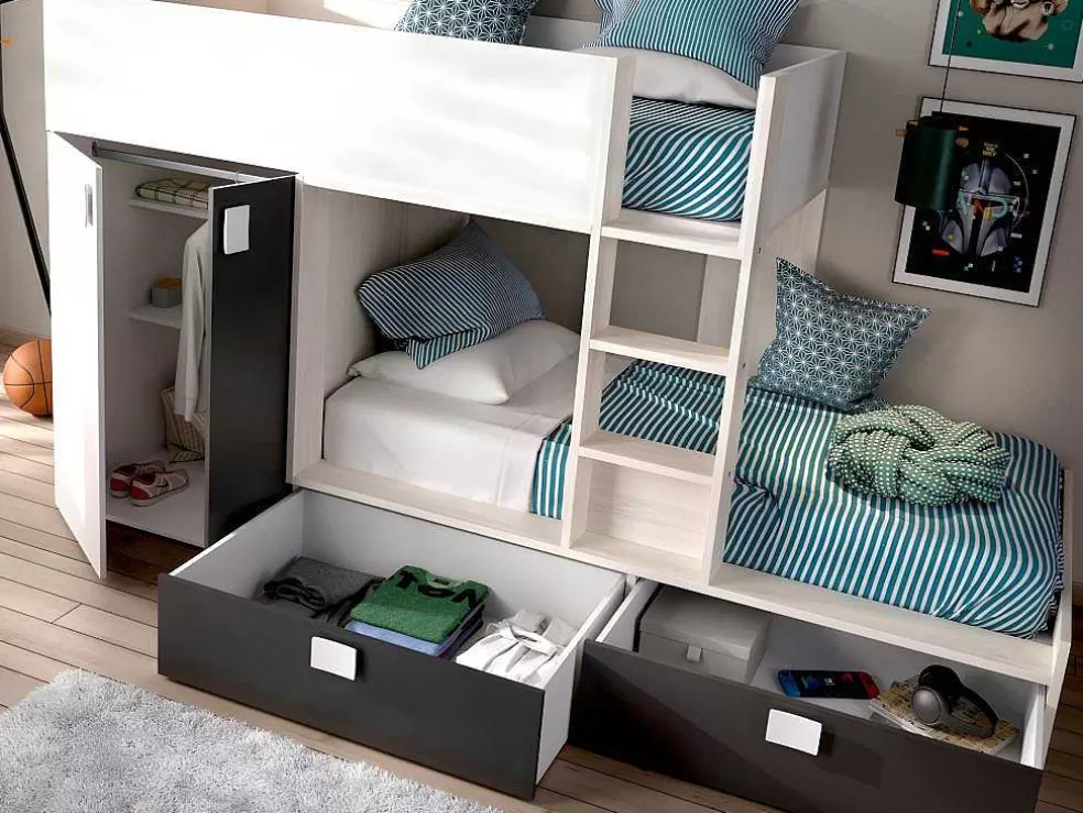Vente-unique Beliche Com Armário Integrado De 2 X 90 X 190 Cm Cor Branco, Natural E Antracite - Juanito* Beliche