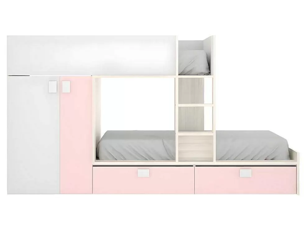 Vente-unique Beliche Com Armário Integrado De 2 X 90 X 190 Cm Cor Branco, Natural E Cor-De-Rosa + Colchão - Juanito* Beliche