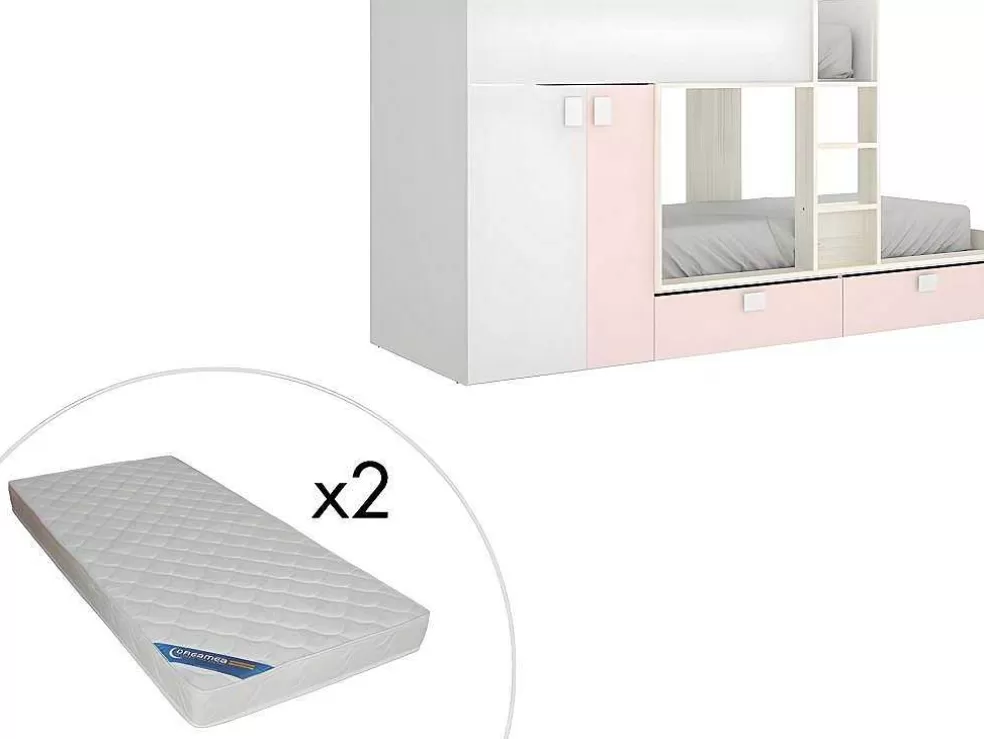 Vente-unique Beliche Com Armário Integrado De 2 X 90 X 190 Cm Cor Branco, Natural E Cor-De-Rosa + Colchão - Juanito* Beliche