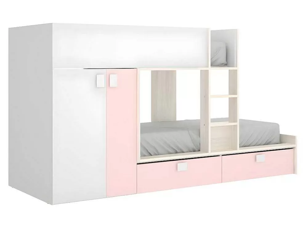 Vente-unique Beliche Com Armário Integrado De 2 X 90 X 190 Cm Cor Branco, Natural E Cor-De-Rosa + Colchão - Juanito* Beliche