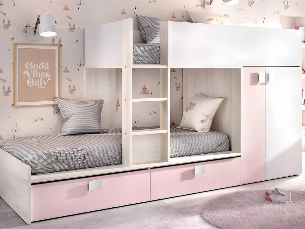 Vente-unique Beliche Com Armário Integrado De 2 X 90 X 190 Cm Cor Branco, Natural E Cor-De-Rosa + Colchão - Juanito* Beliche