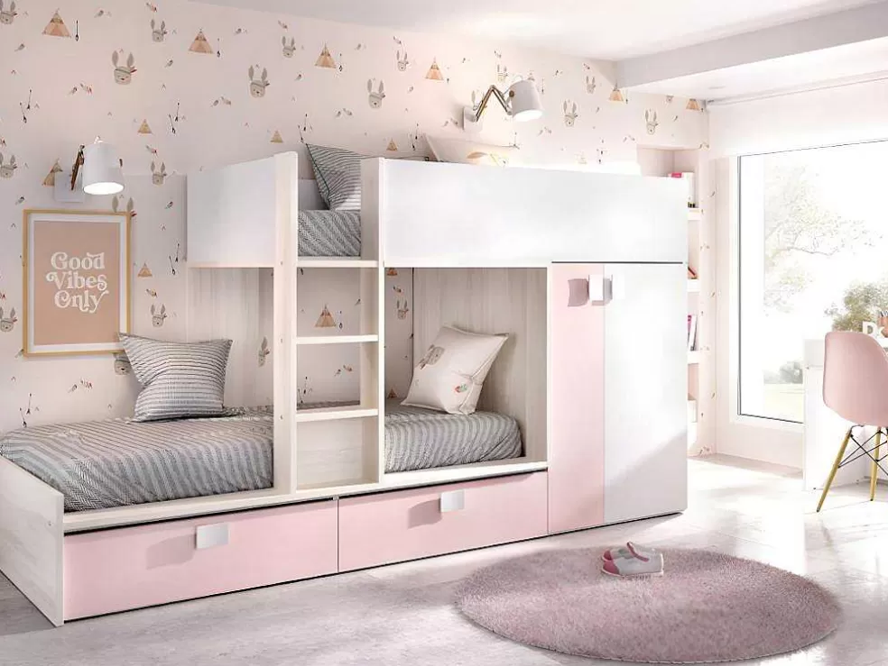 Vente-unique Beliche Com Armário Integrado De 2 X 90 X 190 Cm Cor Branco, Natural E Rosa - Juanito* Beliche