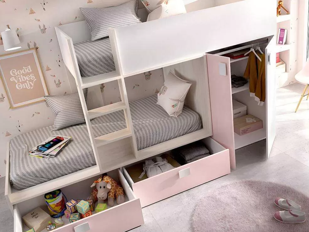 Vente-unique Beliche Com Armário Integrado De 2 X 90 X 190 Cm Cor Branco, Natural E Rosa - Juanito* Beliche