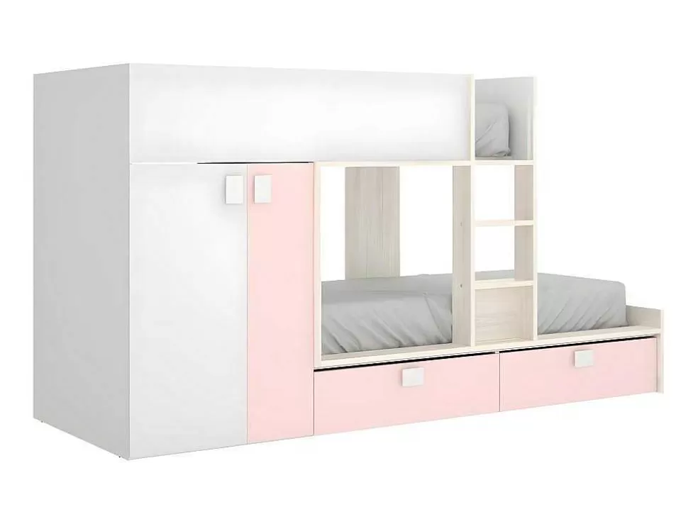 Vente-unique Beliche Com Armário Integrado De 2 X 90 X 190 Cm Cor Branco, Natural E Rosa - Juanito* Beliche