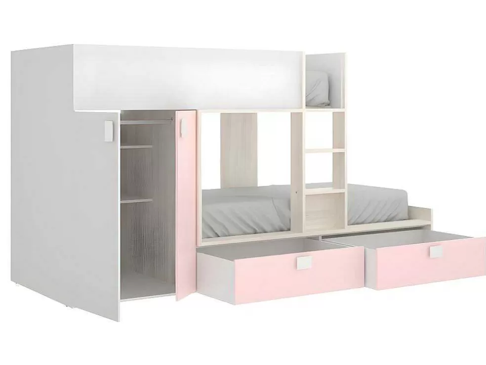 Vente-unique Beliche Com Armário Integrado De 2 X 90 X 190 Cm Cor Branco, Natural E Rosa - Juanito* Beliche
