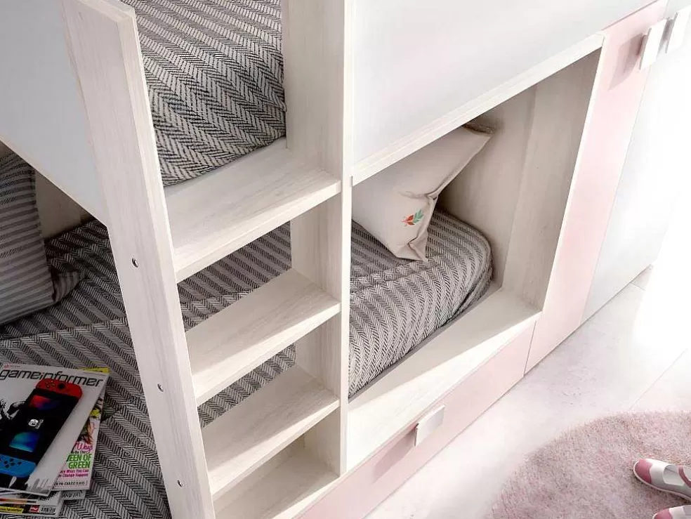 Vente-unique Beliche Com Armário Integrado De 2 X 90 X 190 Cm Cor Branco, Natural E Rosa - Juanito* Beliche
