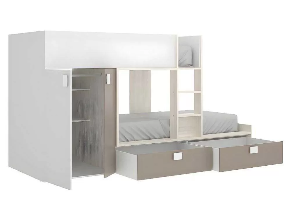 Vente-unique Beliche Com Armário Integrado De 2 X 90 X 190 Cm Cor Branco, Natural E Taupe - Juanito* Beliche