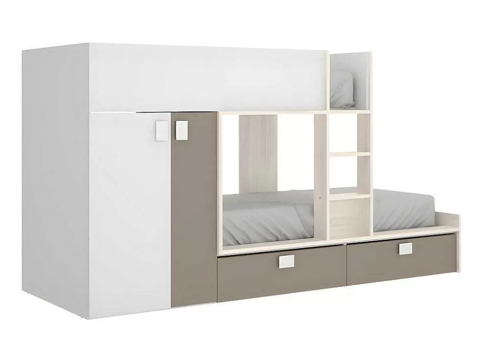 Vente-unique Beliche Com Armário Integrado De 2 X 90 X 190 Cm Cor Branco, Natural E Taupe - Juanito* Beliche