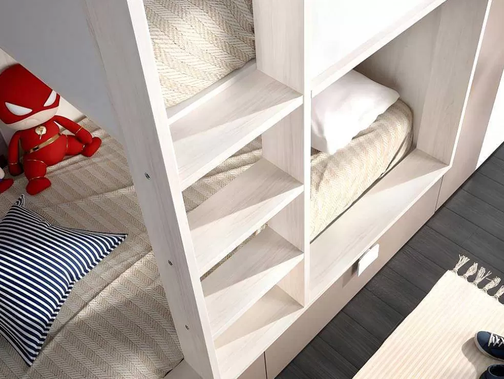 Vente-unique Beliche Com Armário Integrado De 2 X 90 X 190 Cm Cor Branco, Natural E Taupe - Juanito* Beliche