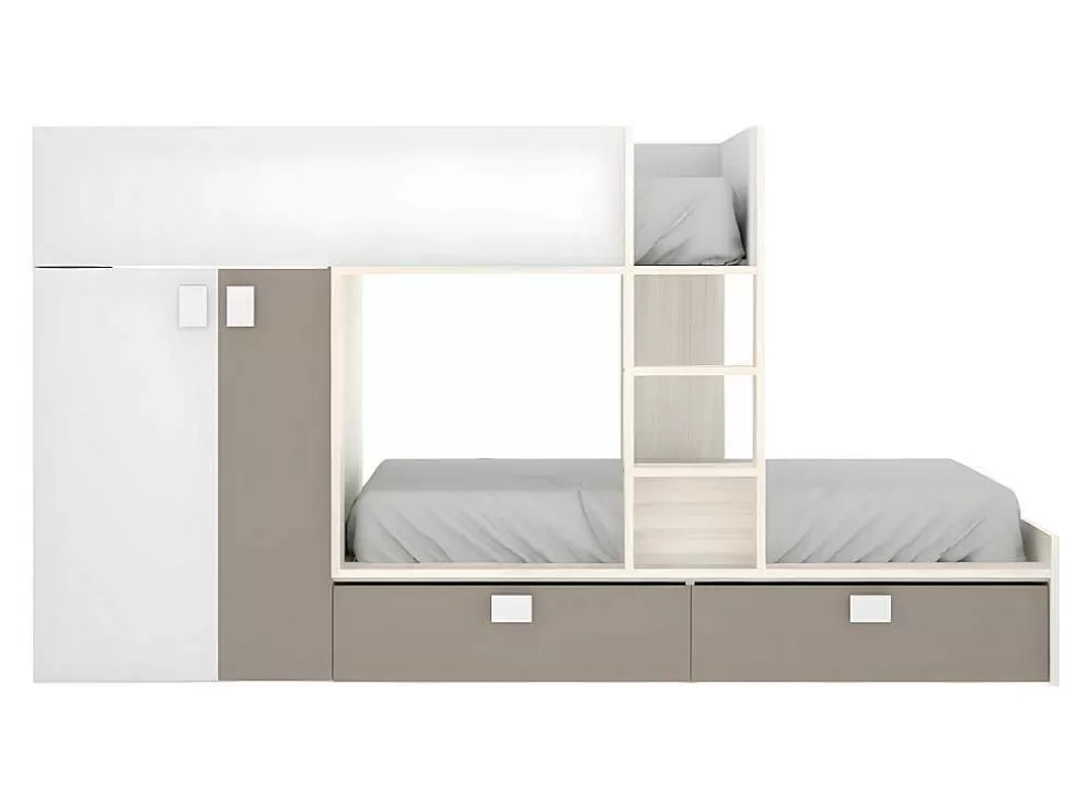 Vente-unique Beliche Com Armário Integrado De 2 X 90 X 190 Cm Cor Branco, Natural E Taupe - Juanito* Beliche