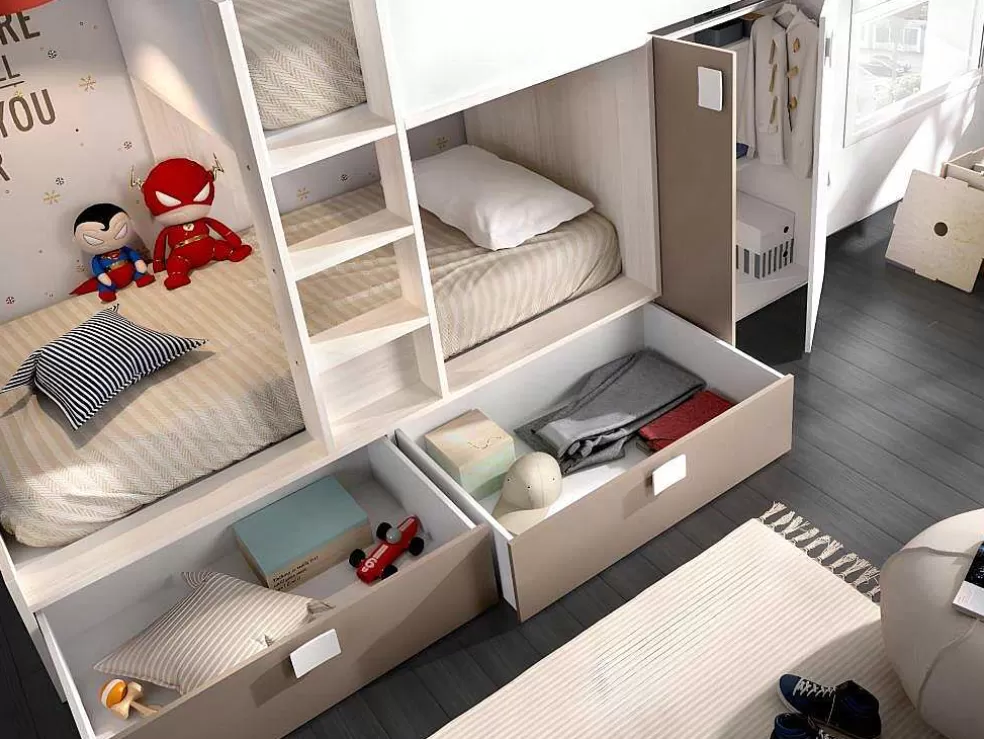 Vente-unique Beliche Com Armário Integrado De 2 X 90 X 190 Cm Cor Branco, Natural E Taupe - Juanito* Beliche