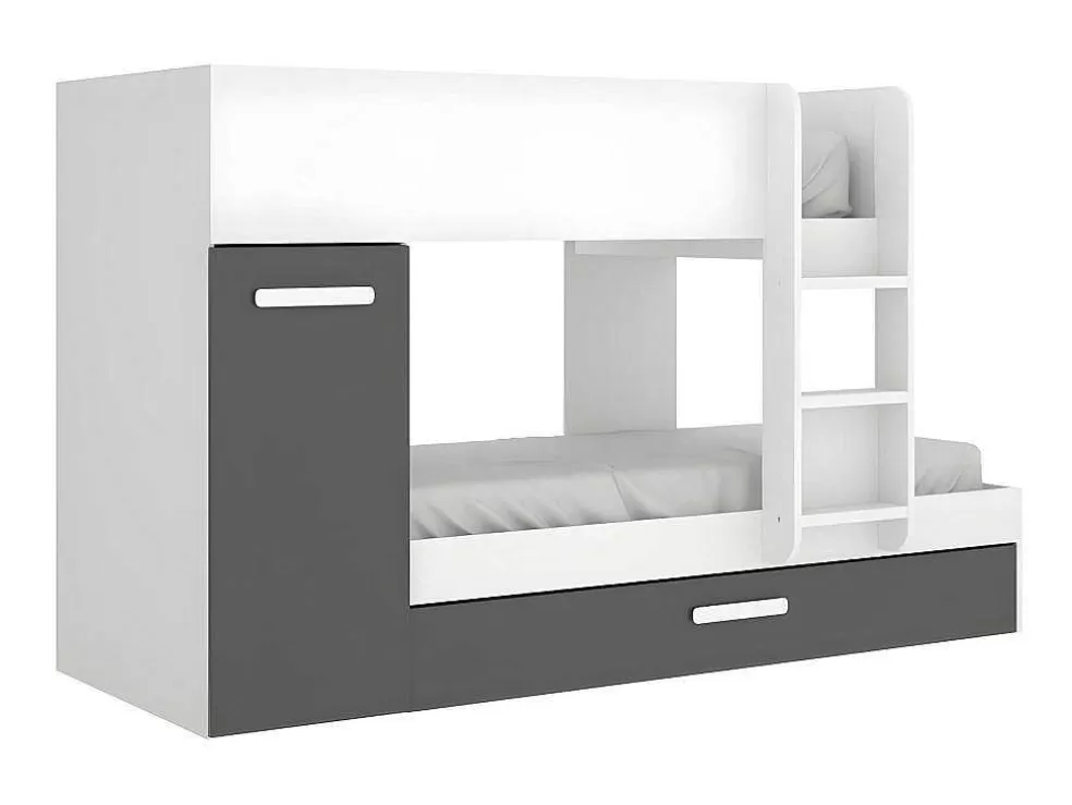 Vente-unique Beliche Com Gaveta Cama Dupla E Com Espacos De Arrumação 3X90X190 Cm Cor Antracite E Branco - Anthony* Beliche